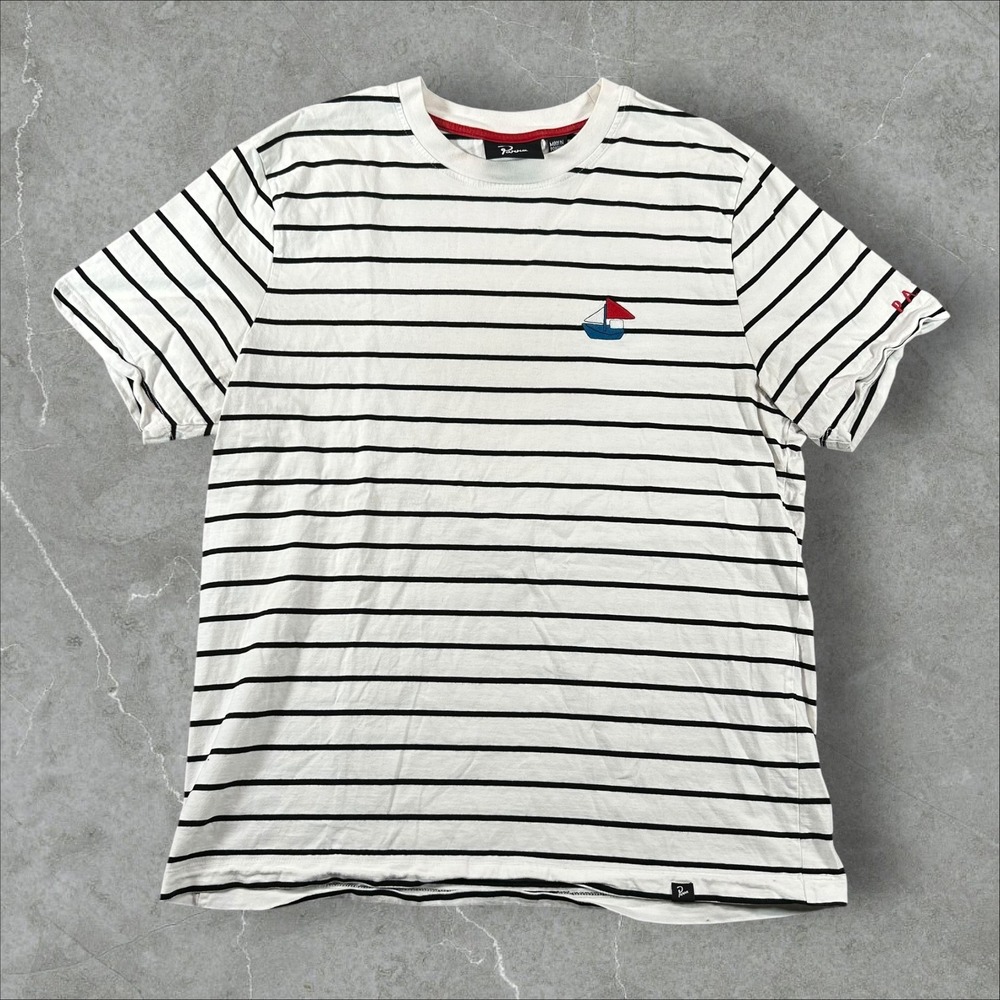 Parra T-Shirt Mens Medium White Striped Sailboat Embroidered Short Sleeve Tee